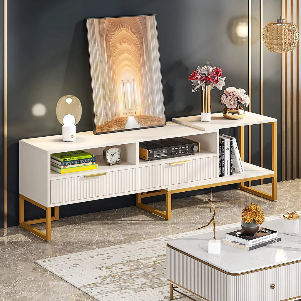White and Gold TV Stand with 2 Drawers and Open Shelves I172234