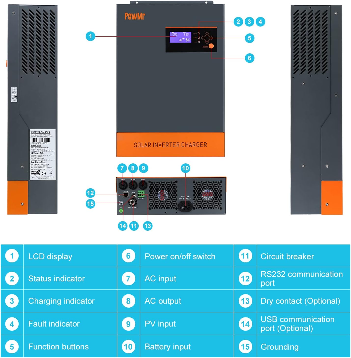 5500W Solar Hybrid Inverter with 80A MPPT Charge Controller 48V DC to 220/230V AC Pure Sine Wave Inverter J849485
