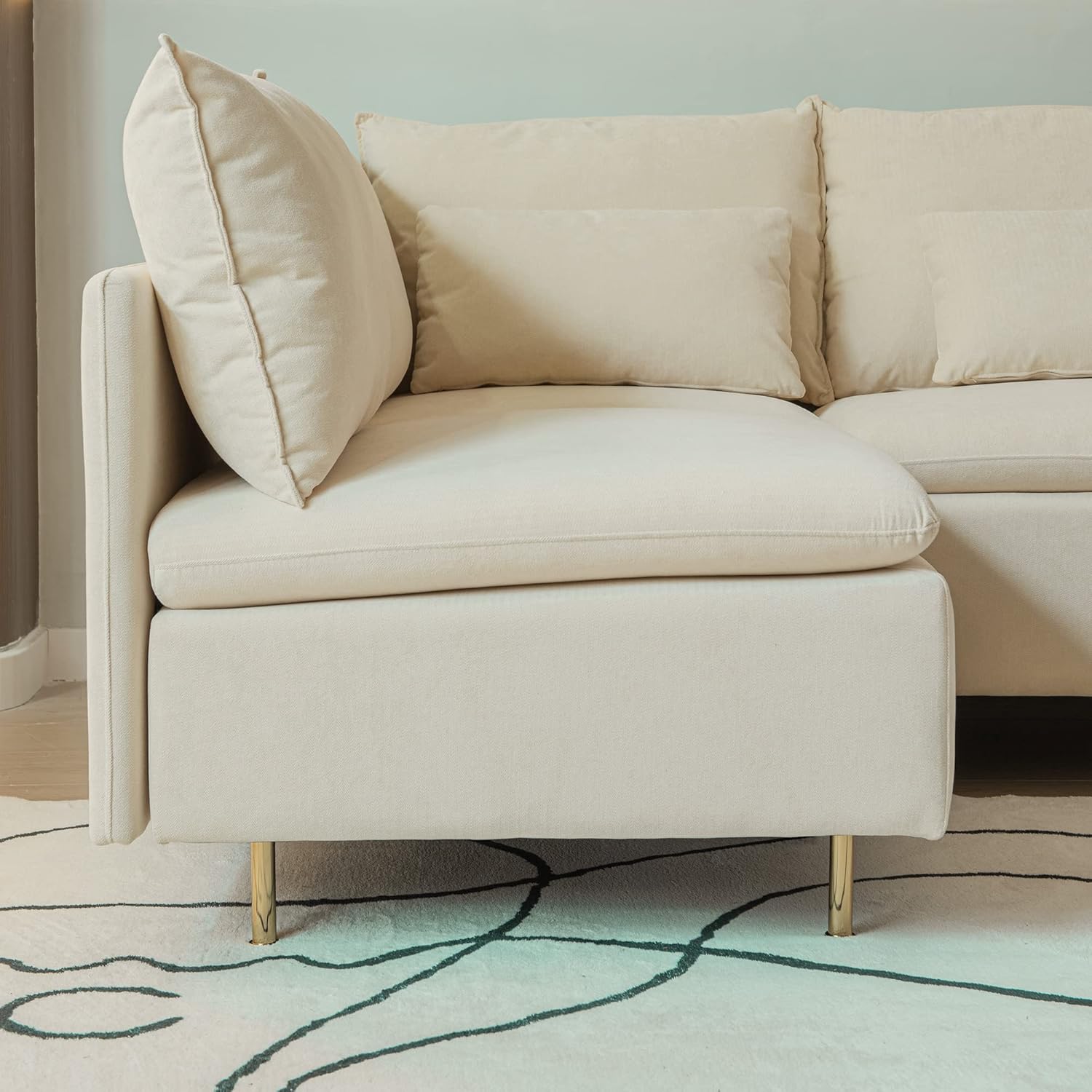 Beige Cotton Linen L Shaped Corner Sectional Couch T6288