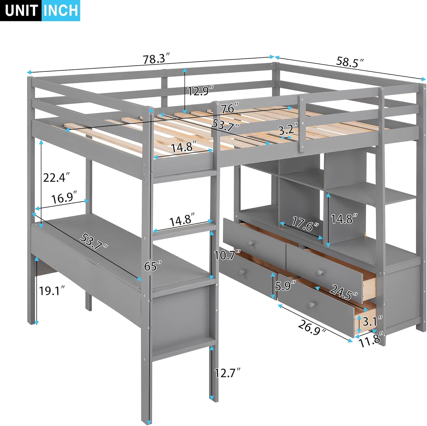 Full Size Solid Wood Loft Bed with Desk and 2 Drawers, Grey Q83593