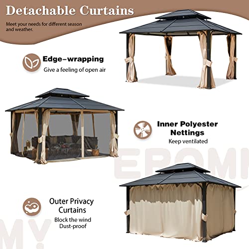 12'x20' Hardtop Galvanized Steel Aluminum Frame Gazebo with Netting and Curtains H666857