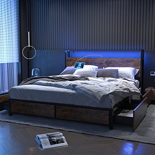 Full Size Metal Bed Frame with Storage Drawers, Rustic Brown M3743