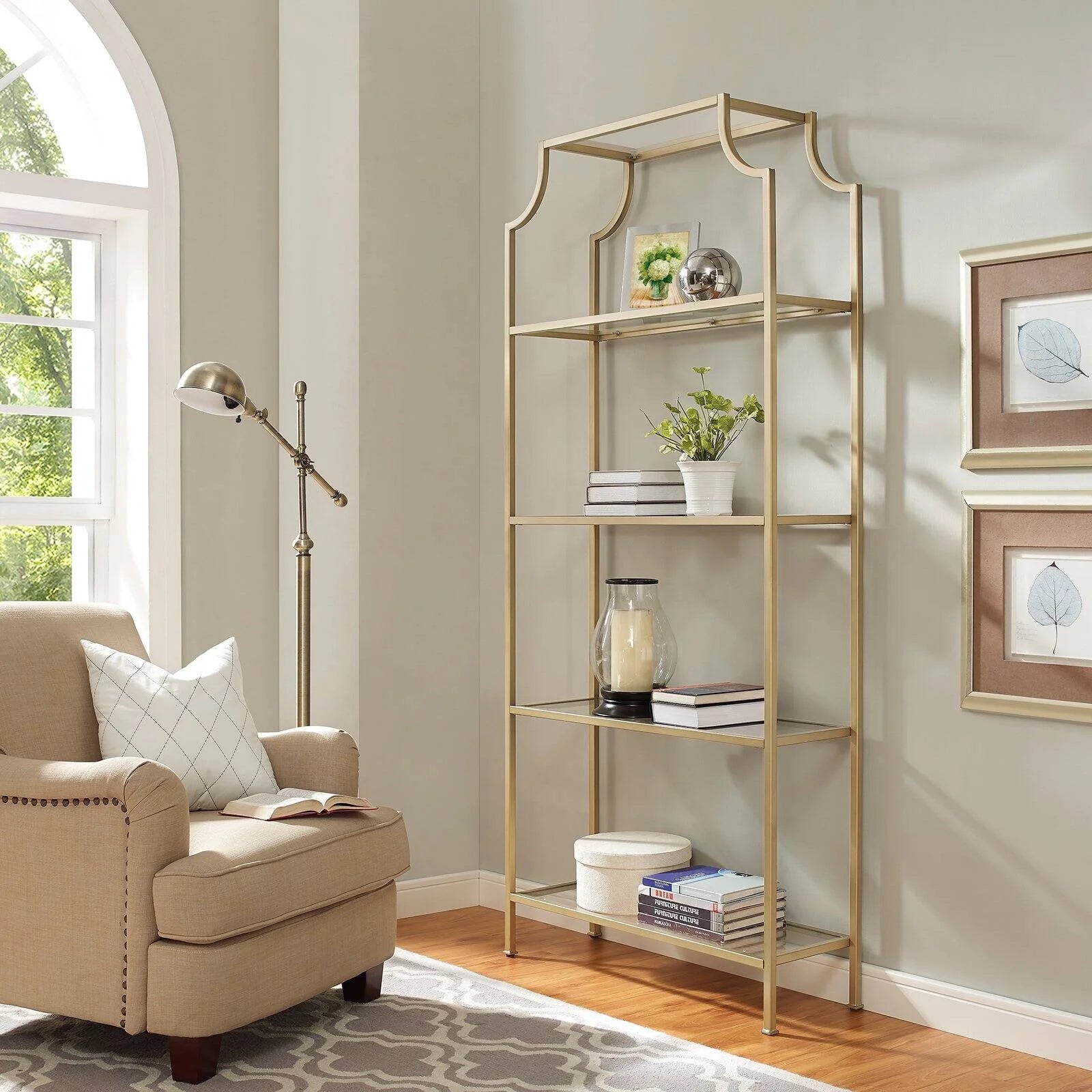 Antique Gold 4 Shelf Glass Metal Etagere Bookcase C473633