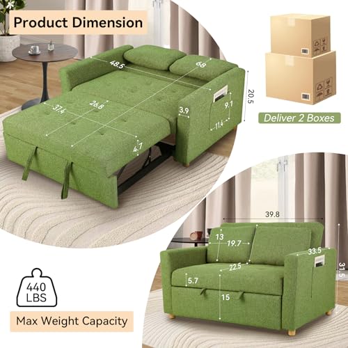 49" 2-Seater Linen Fabric Convertible Sofa Bed with Adjustable Backrest and 2 Pillows S241614