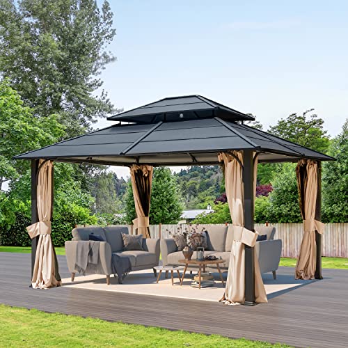 12'x20' Hardtop Galvanized Steel Aluminum Frame Gazebo with Netting and Curtains H666857
