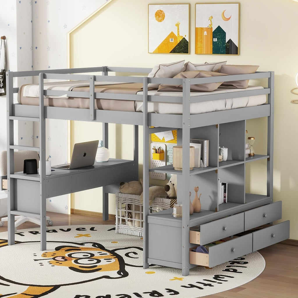 Full Size Solid Wood Loft Bed with Desk and 2 Drawers, Grey Q83593