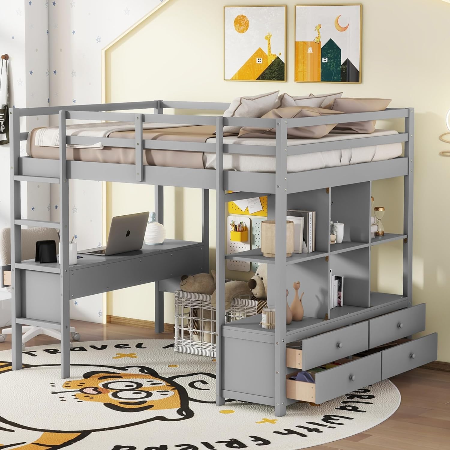Full Size Solid Wood Loft Bed with Desk and 2 Drawers, Grey Q83593
