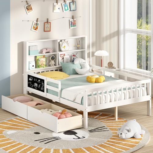 White Full Size Solid Wood Bed Frame with 2 Storage Drawers T854313